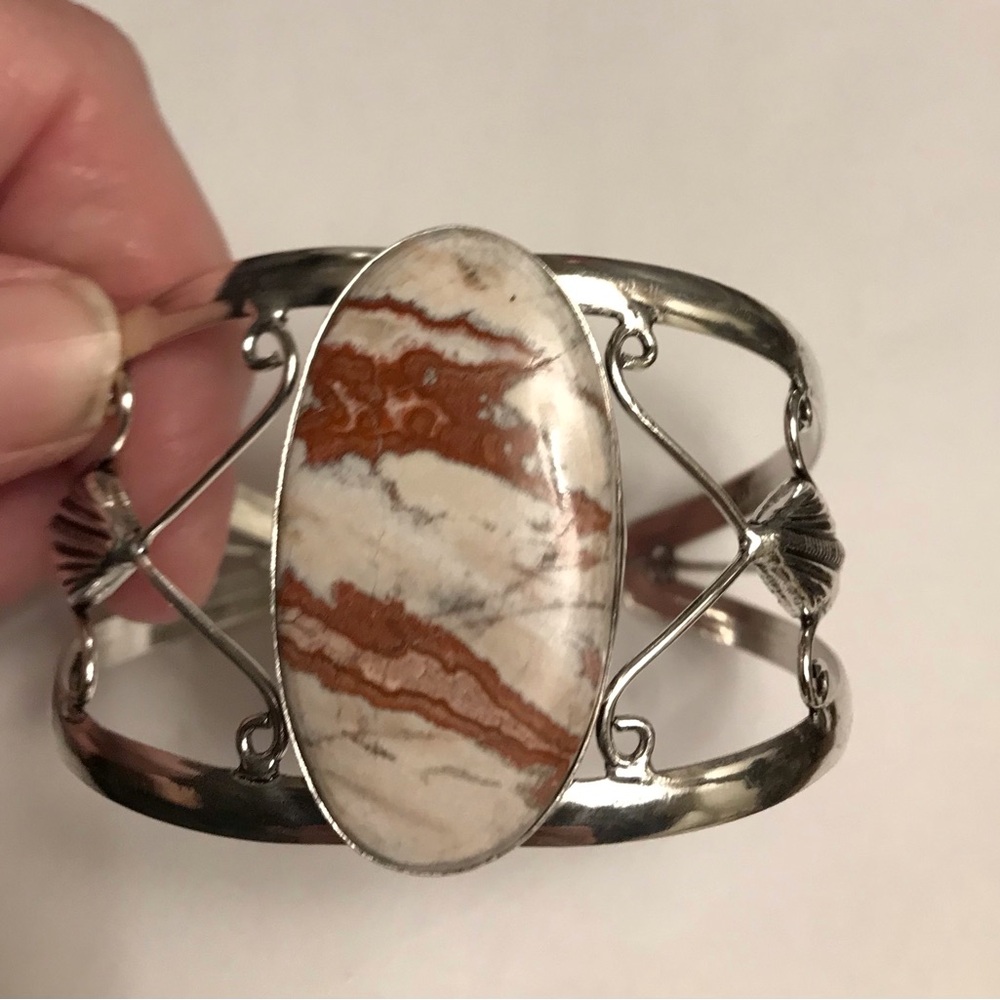Jasper Stamped 925 Sterling Silver Cuff Bracelet - Picture 2 of 5